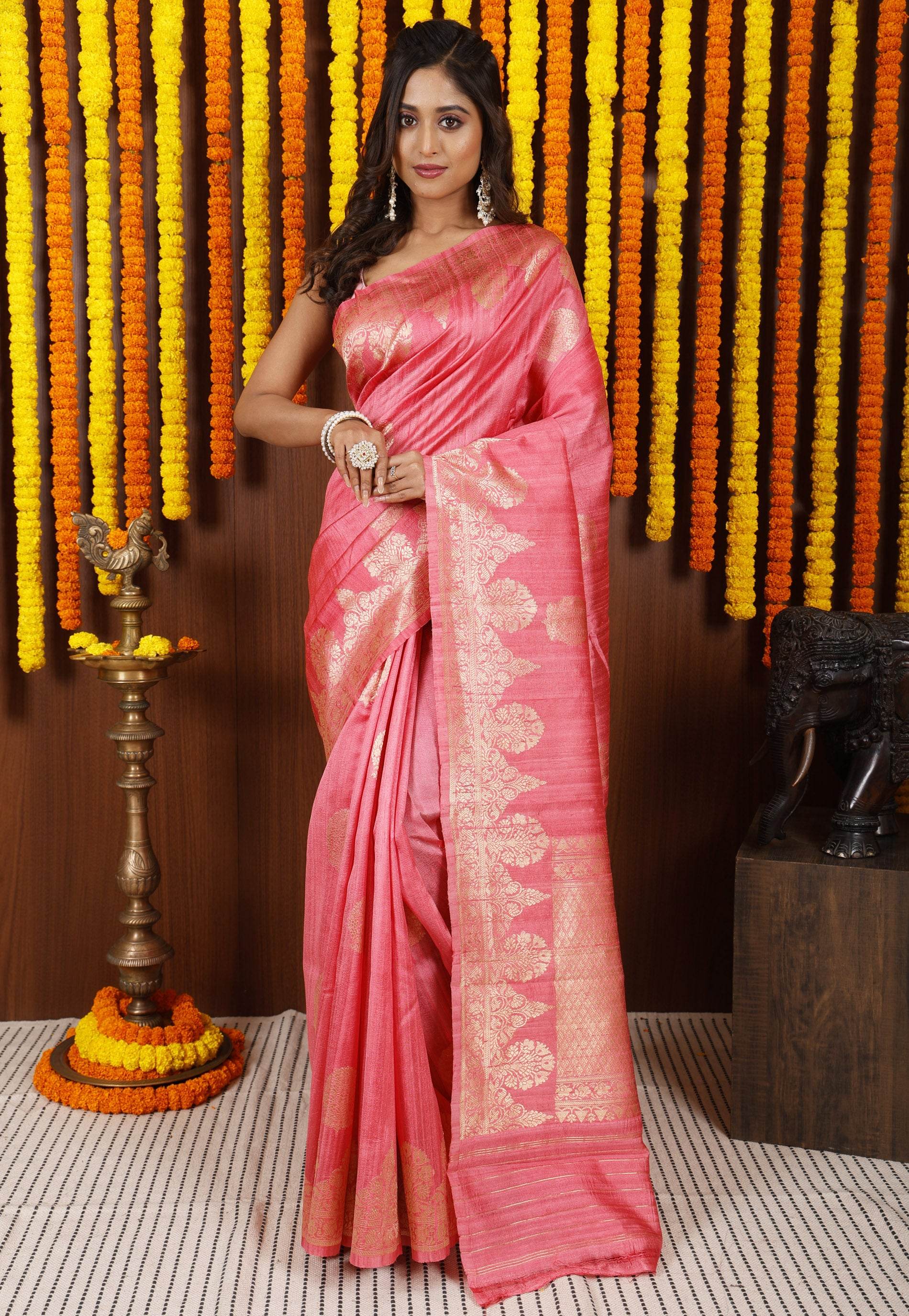 Pink Tussar Pure Silk Saree with Blouse Piece - Adi Akshoy & Co.