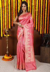 Pink Tussar Pure Silk Saree with Blouse Piece - Adi Akshoy & Co.