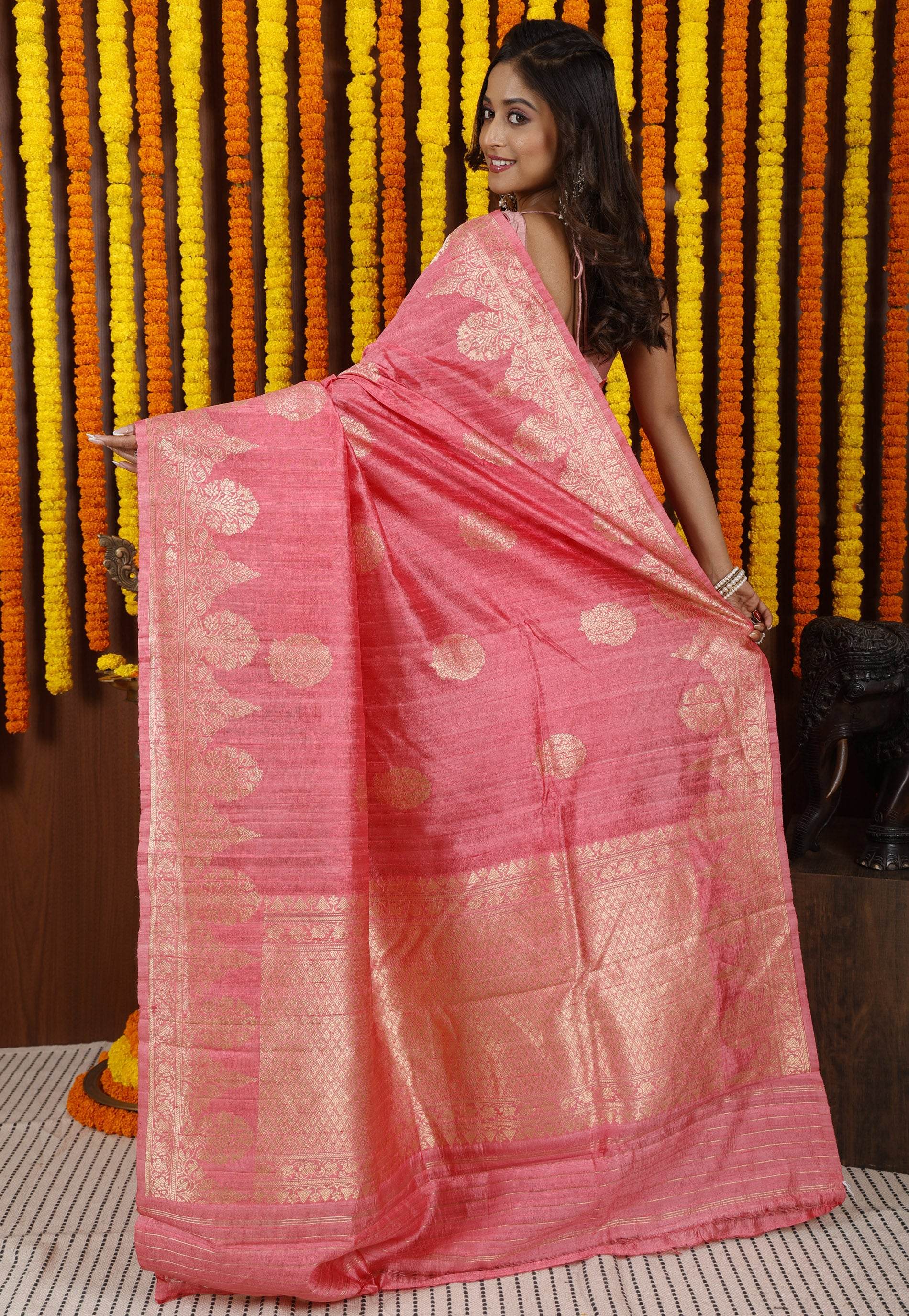 Pink Tussar Pure Silk Saree with Blouse Piece - Adi Akshoy & Co.
