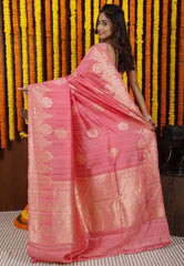 Pink Tussar Pure Silk Saree with Blouse Piece - Adi Akshoy & Co.