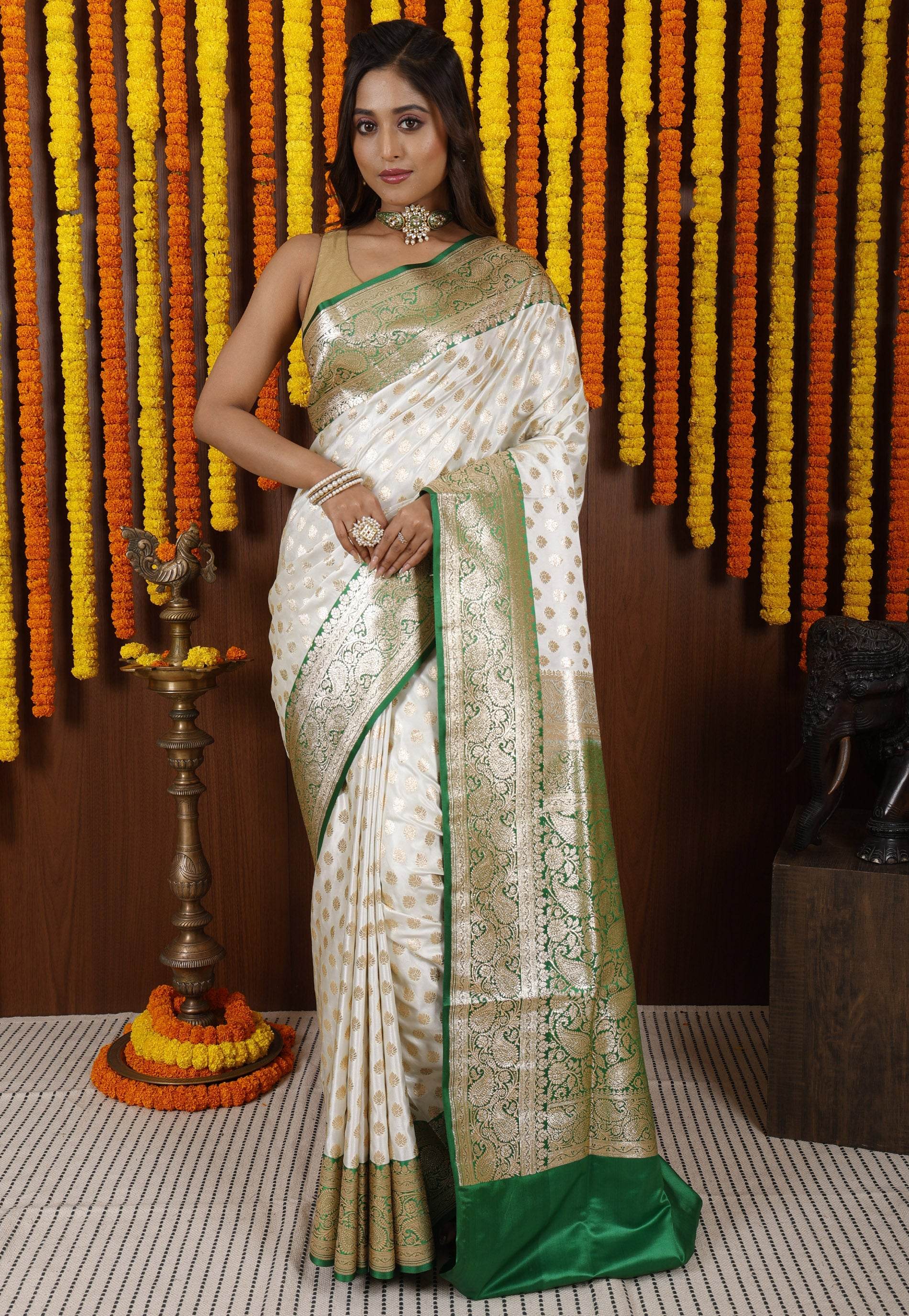 Off White with Green Korial Banarasi Silk Saree With Blouse Piece - Adi Akshoy & Co.