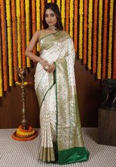 Off White with Green Korial Banarasi Silk Saree With Blouse Piece - Adi Akshoy & Co.