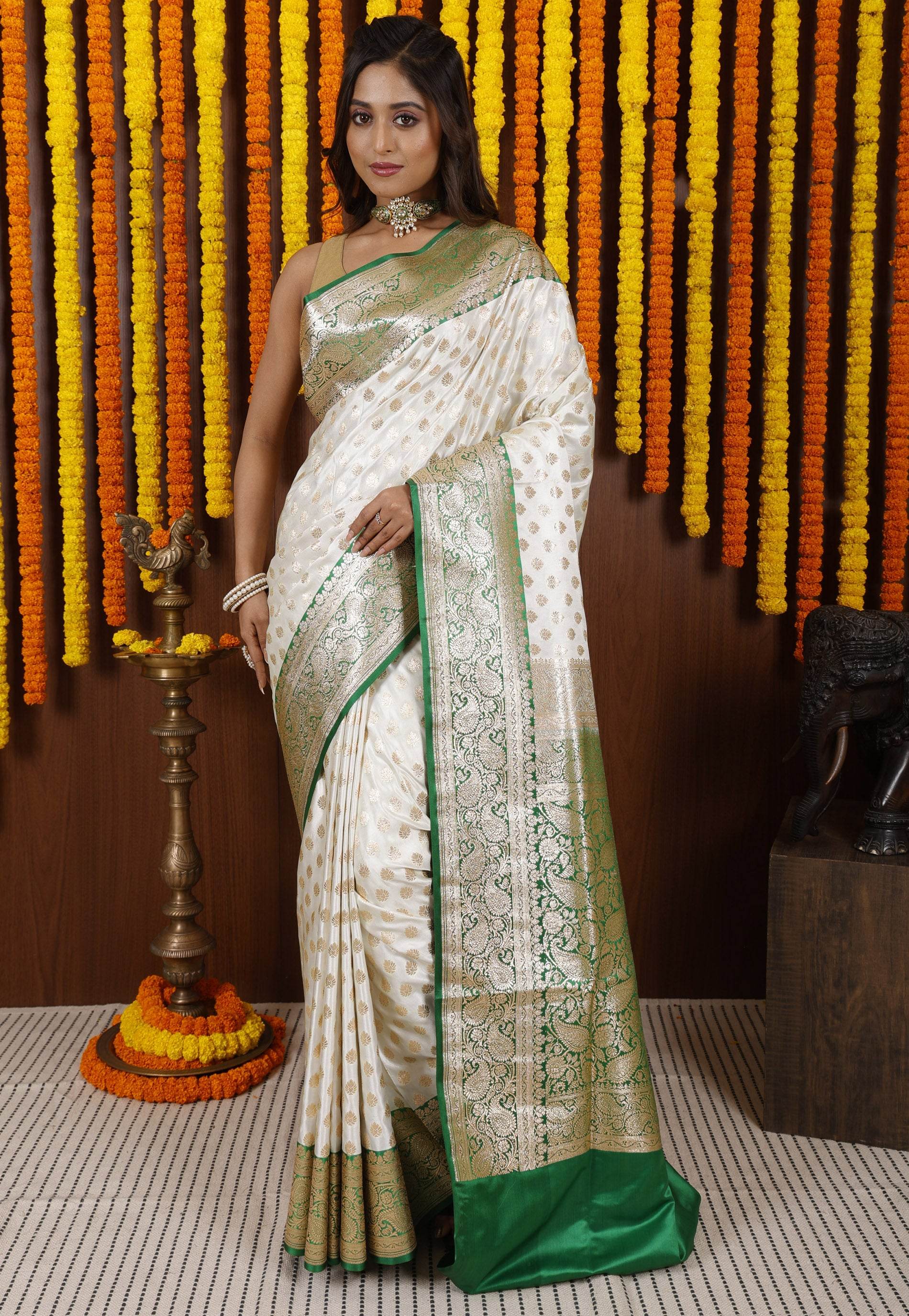 Off White with Green Korial Banarasi Silk Saree With Blouse Piece - Adi Akshoy & Co.