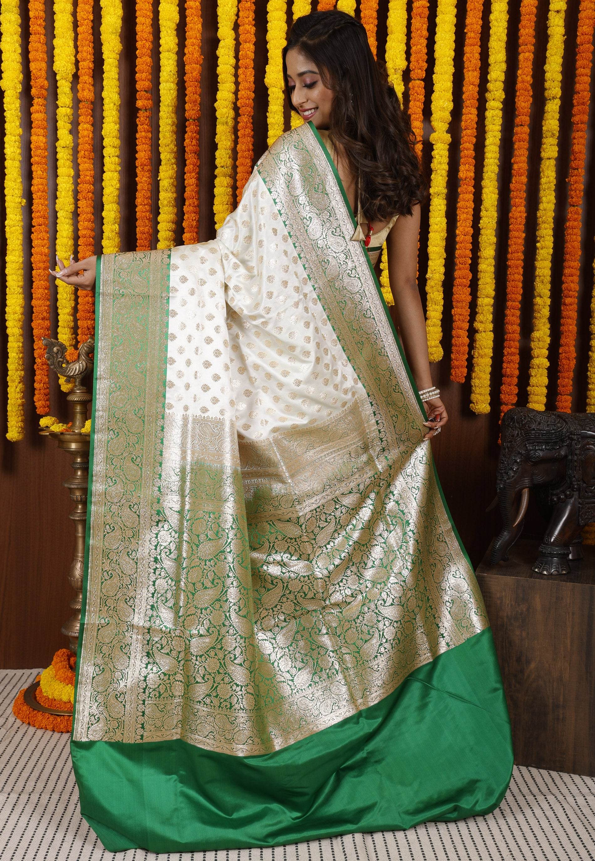 Off White with Green Korial Banarasi Silk Saree With Blouse Piece - Adi Akshoy & Co.