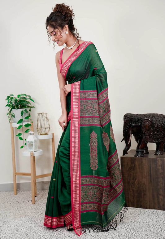 Bottle Green with Rani Pink Border Handloom Saree With Blouse Piece - Adi Akshoy & Co.