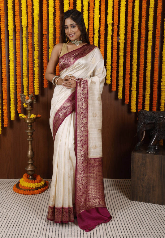 Off White Tussar Pure Silk Saree with Blouse Piece - Adi Akshoy & Co.