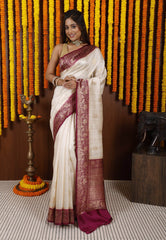 Off White Tussar Pure Silk Saree with Blouse Piece - Adi Akshoy & Co.