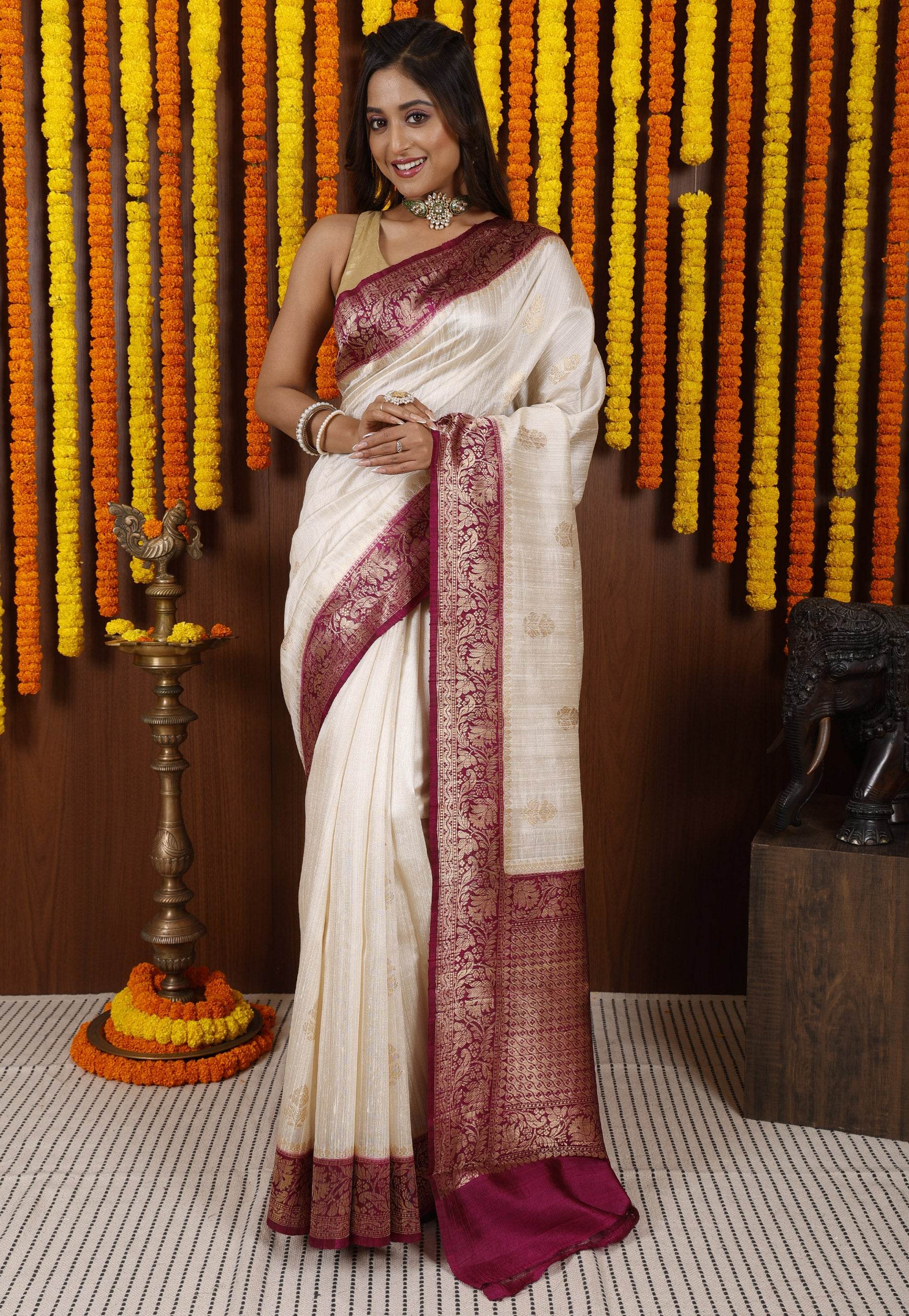 Off White Tussar Pure Silk Saree with Blouse Piece - Adi Akshoy & Co.