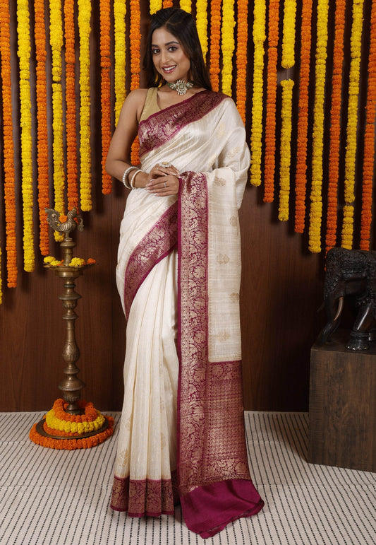 Off White Tussar Pure Silk Saree with Blouse Piece - Adi Akshoy & Co.