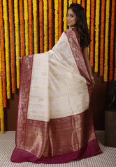 Off White Tussar Pure Silk Saree with Blouse Piece - Adi Akshoy & Co.