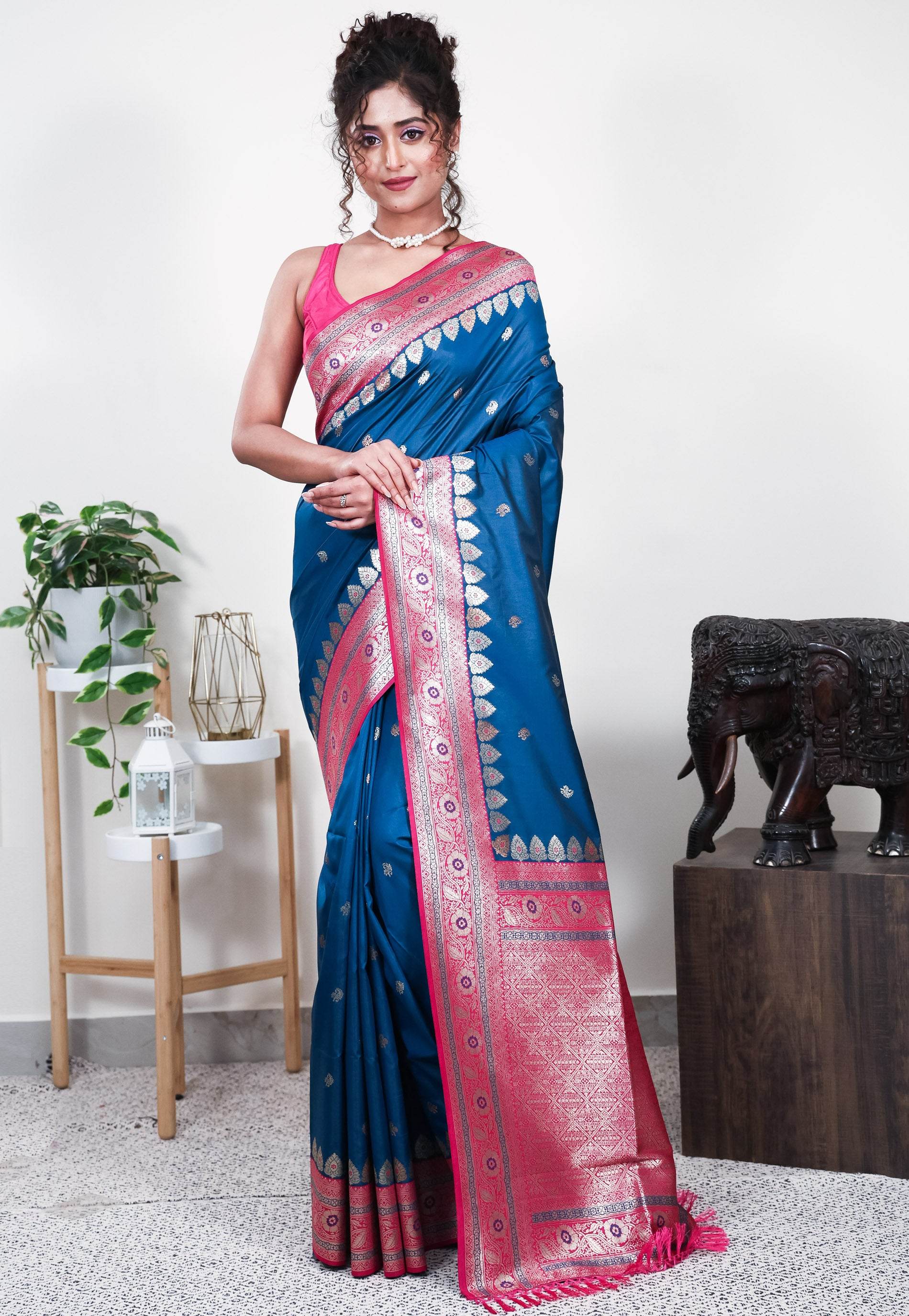 Turquoise Blue with Rani Pink Border Mashru Silk Saree with Blouse Piece - Adi Akshoy & Co.