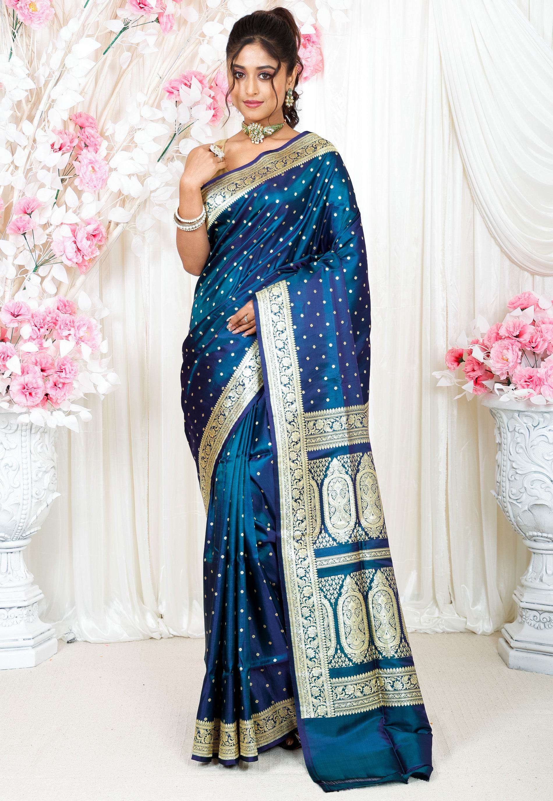 Peacock Blue Wedding Banarasi Silk Saree with Blouse Piece - Adi Akshoy & Co.
