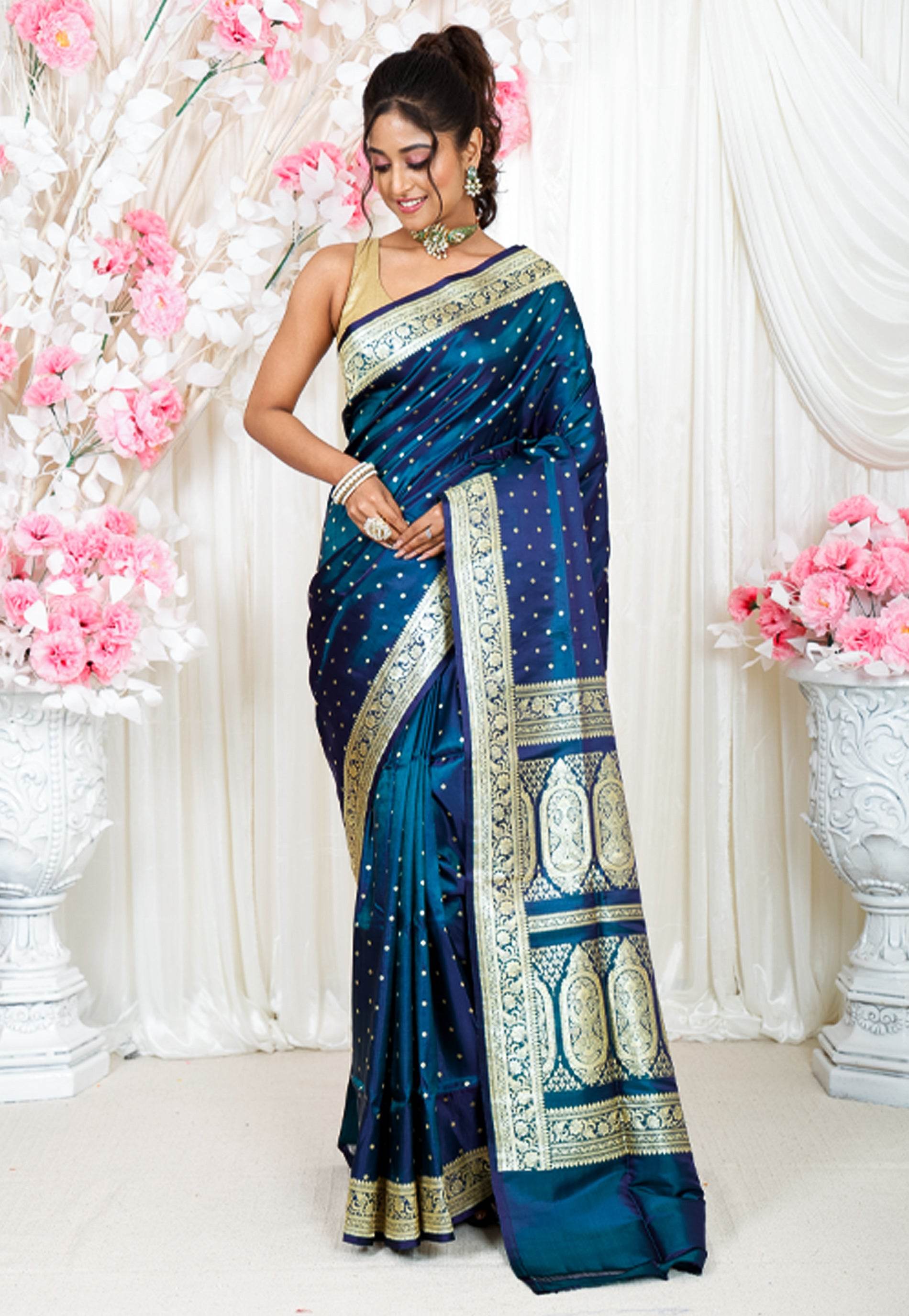 Peacock Blue Wedding Banarasi Silk Saree with Blouse Piece - Adi Akshoy & Co.
