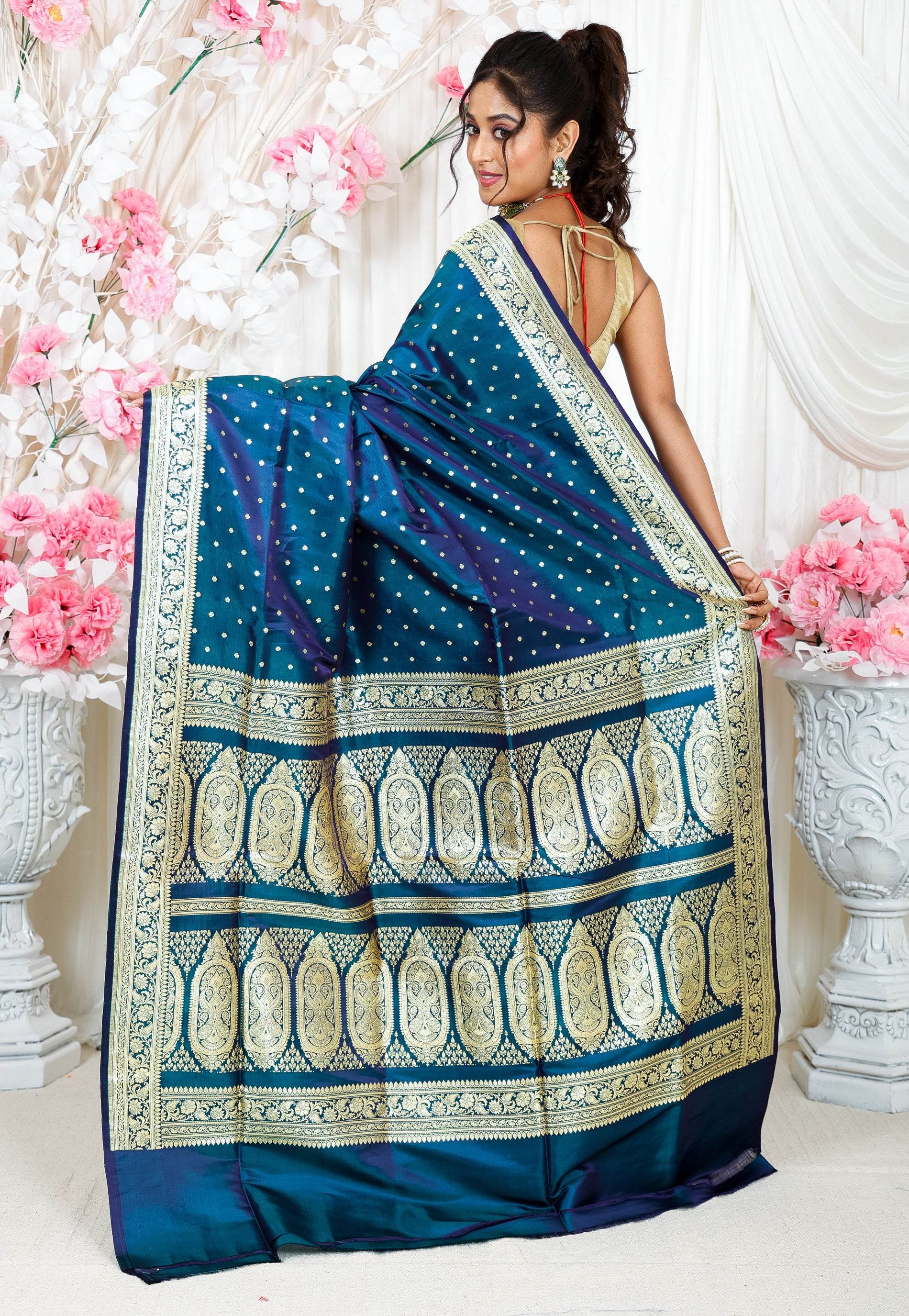 Peacock Blue Wedding Banarasi Silk Saree with Blouse Piece - Adi Akshoy & Co.