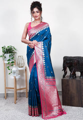 Turquoise Blue with Rani Pink Border Mashru Silk Saree with Blouse Piece - Adi Akshoy & Co.