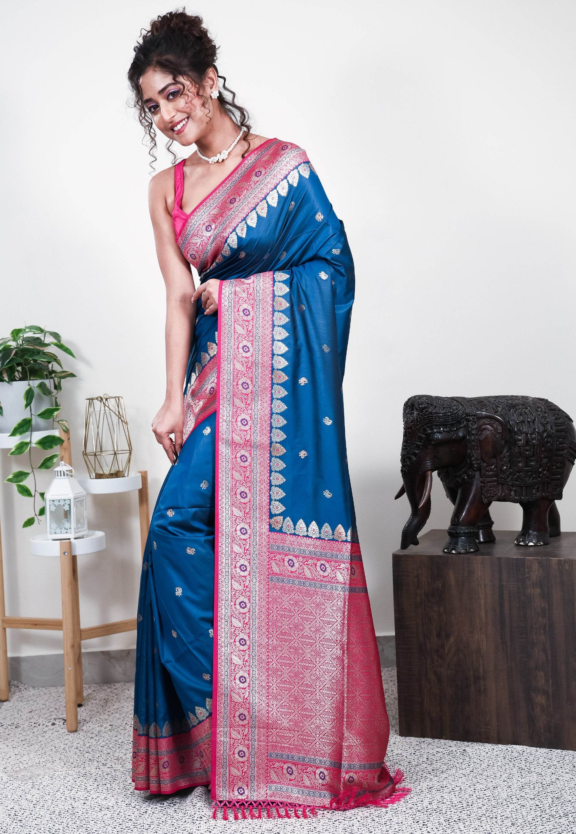 Turquoise Blue with Rani Pink Border Mashru Silk Saree with Blouse Piece - Adi Akshoy & Co.