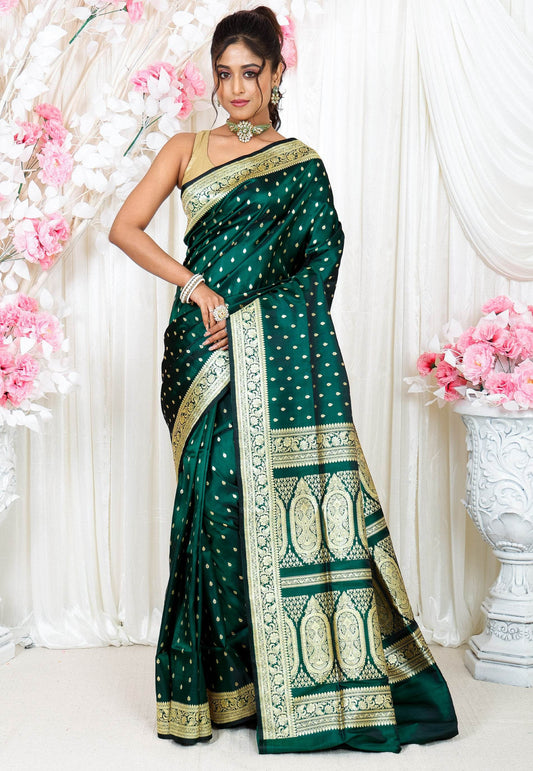 Bottle Green Wedding Banarasi Silk Saree with Blouse Piece - Adi Akshoy & Co.