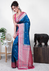 Turquoise Blue with Rani Pink Border Mashru Silk Saree with Blouse Piece - Adi Akshoy & Co.
