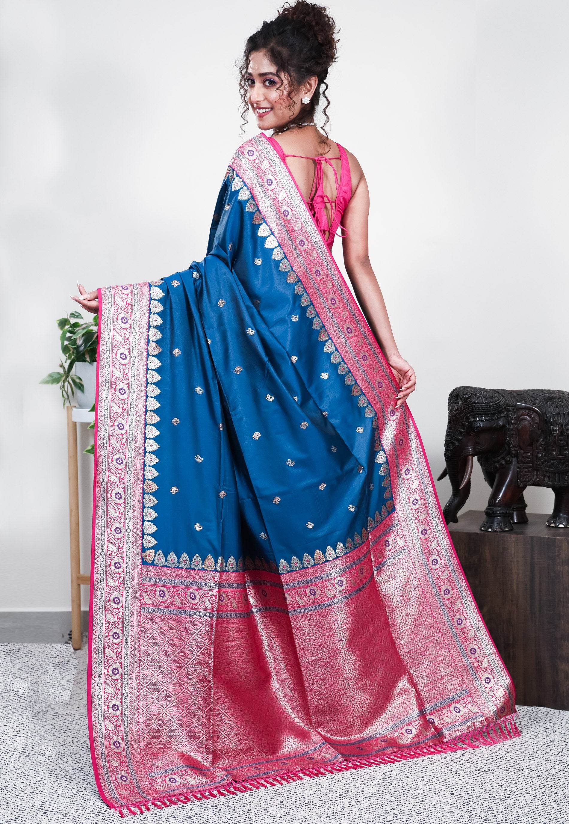 Turquoise Blue with Rani Pink Border Mashru Silk Saree with Blouse Piece - Adi Akshoy & Co.