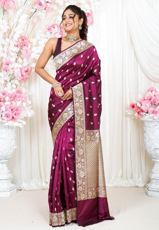Magenta Kadwa Pure Silk Banarasi Saree with Blouse Piece - Adi Akshoy & Co.