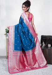 Turquoise Blue with Rani Pink Border Mashru Silk Saree with Blouse Piece - Adi Akshoy & Co.