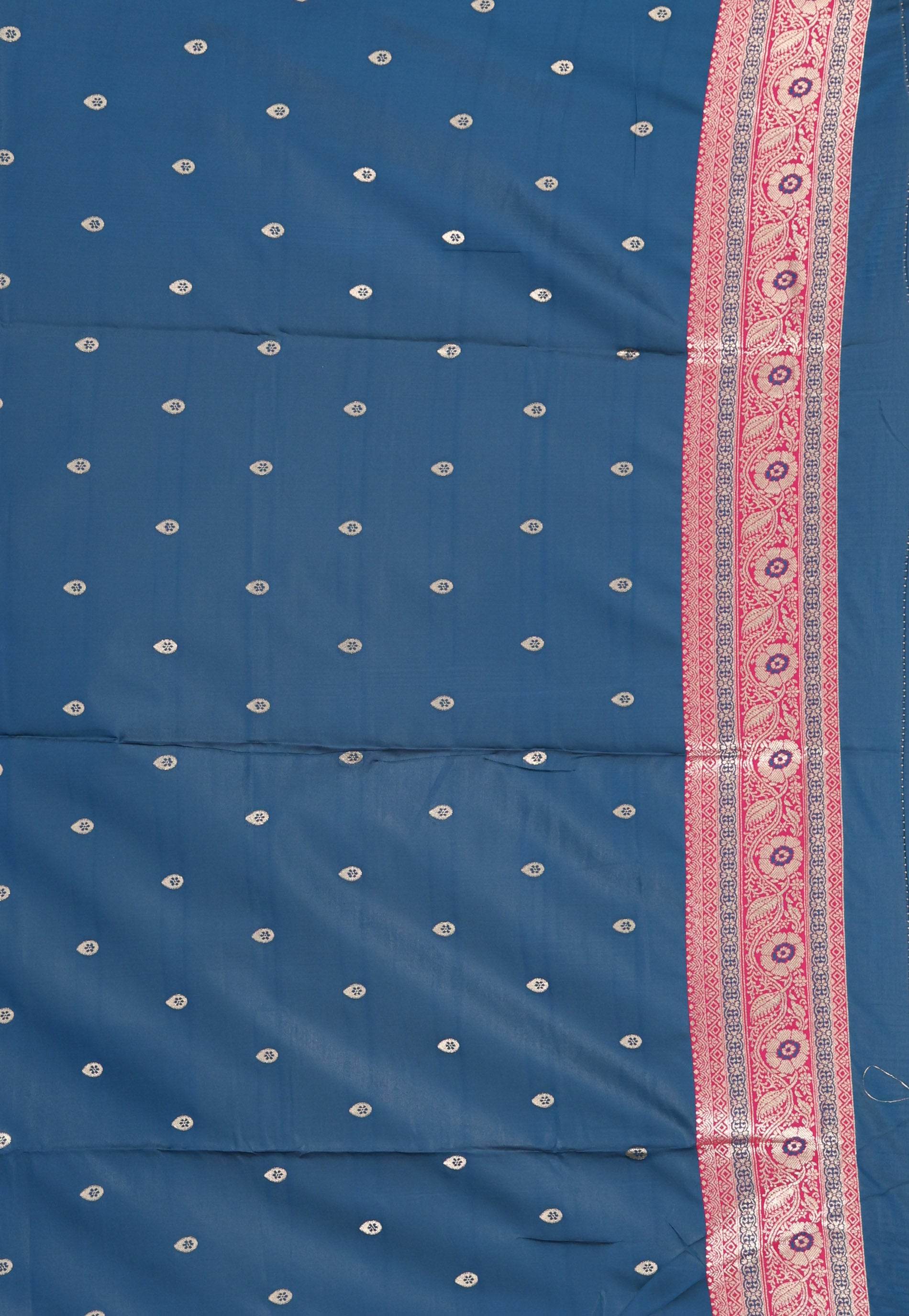 Turquoise Blue with Rani Pink Border Mashru Silk Saree with Blouse Piece - Adi Akshoy & Co.
