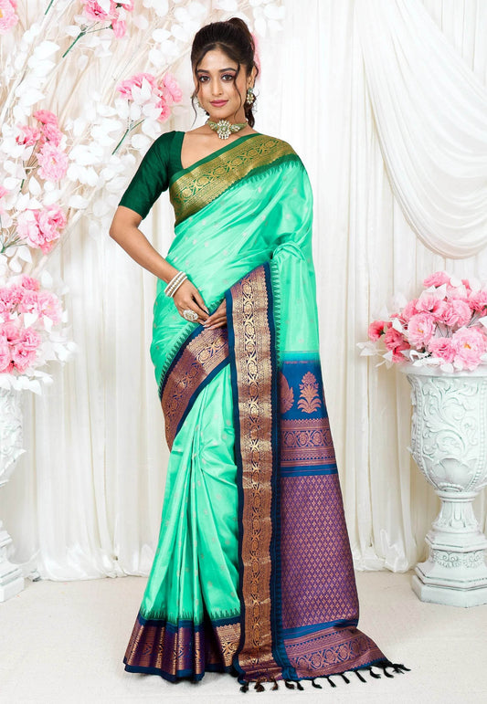 Sea Green with Green and Navy Blue Border Ganga Jamuna Border Gadwal Saree With Blouse Piece - Adi Akshoy & Co.