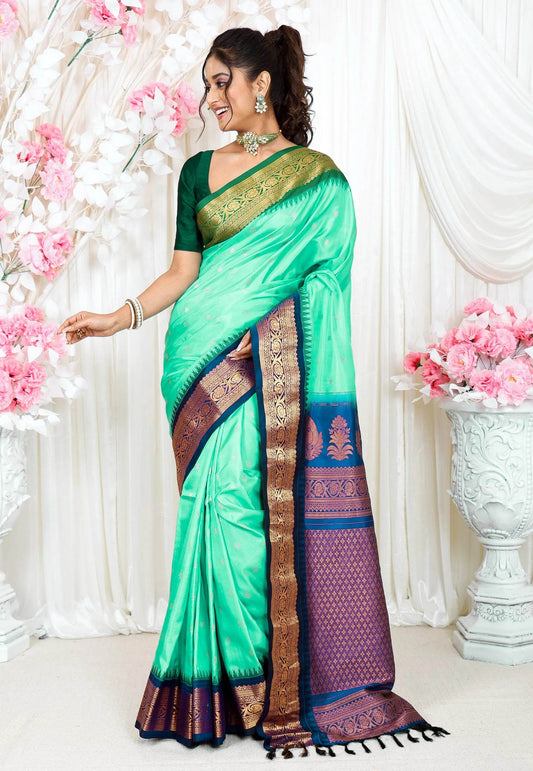 Sea Green with Green and Navy Blue Border Ganga Jamuna Border Gadwal Saree With Blouse Piece - Adi Akshoy & Co.