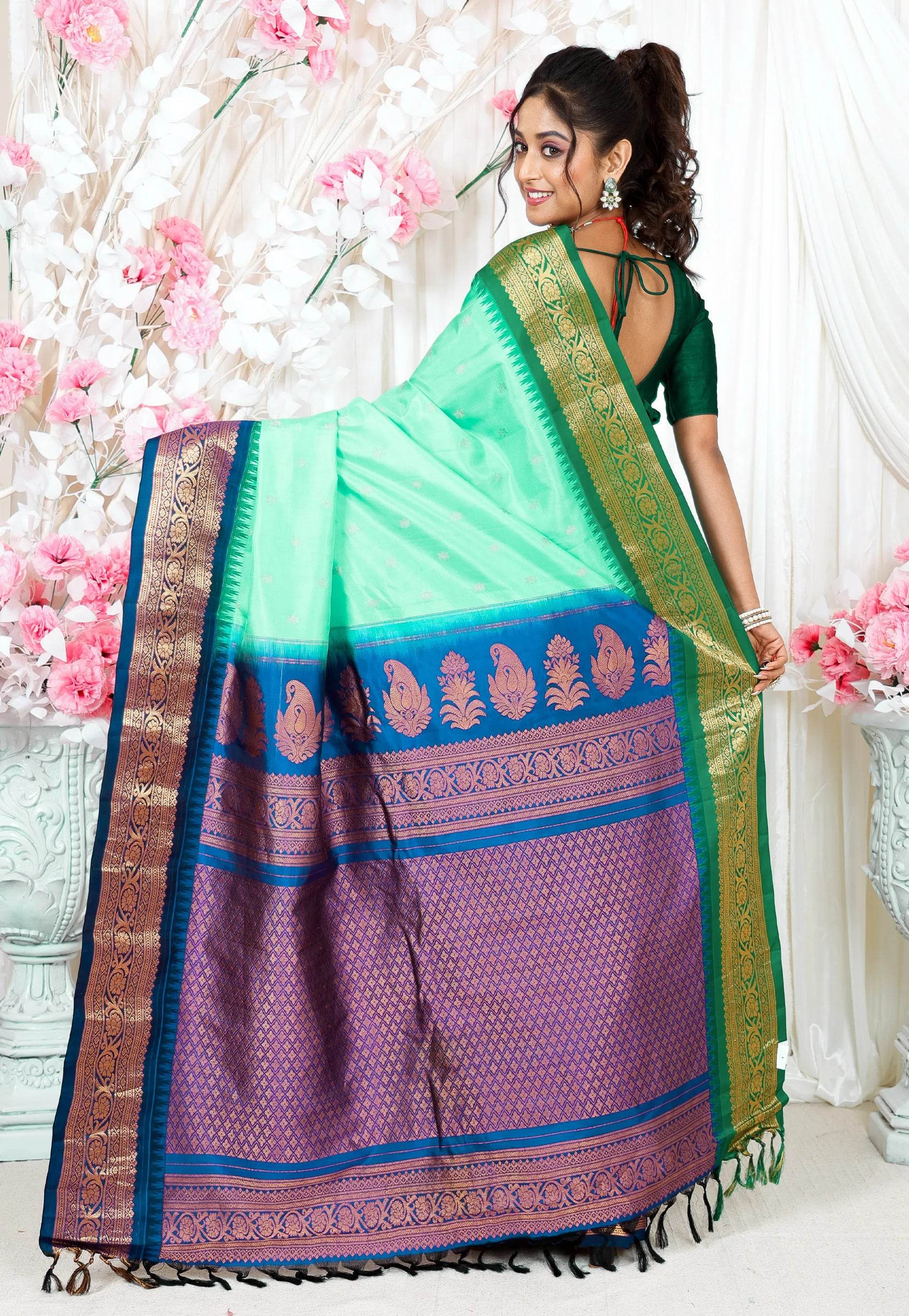 Sea Green with Green and Navy Blue Border Ganga Jamuna Border Gadwal Saree With Blouse Piece - Adi Akshoy & Co.