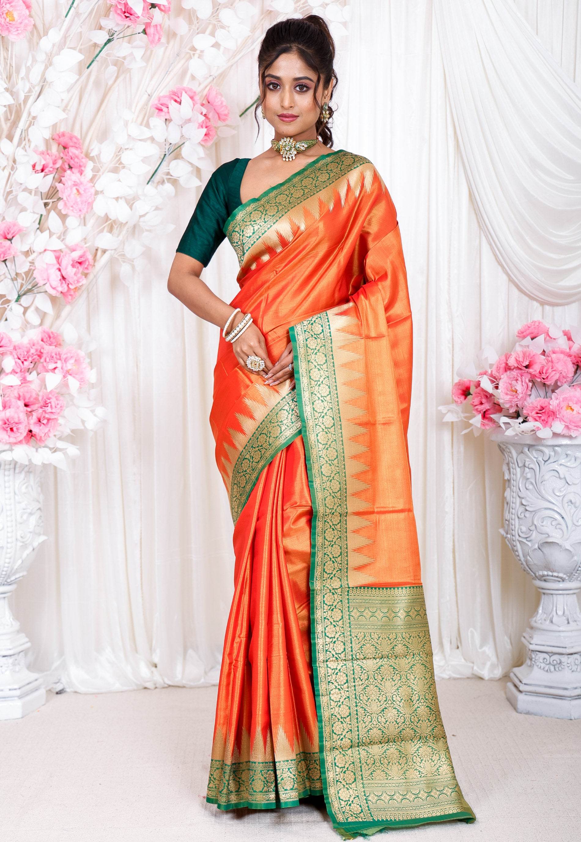 Orange with Green Border Tissue Kanjivaram Silk Saree With Blouse Piece - Adi Akshoy & Co.