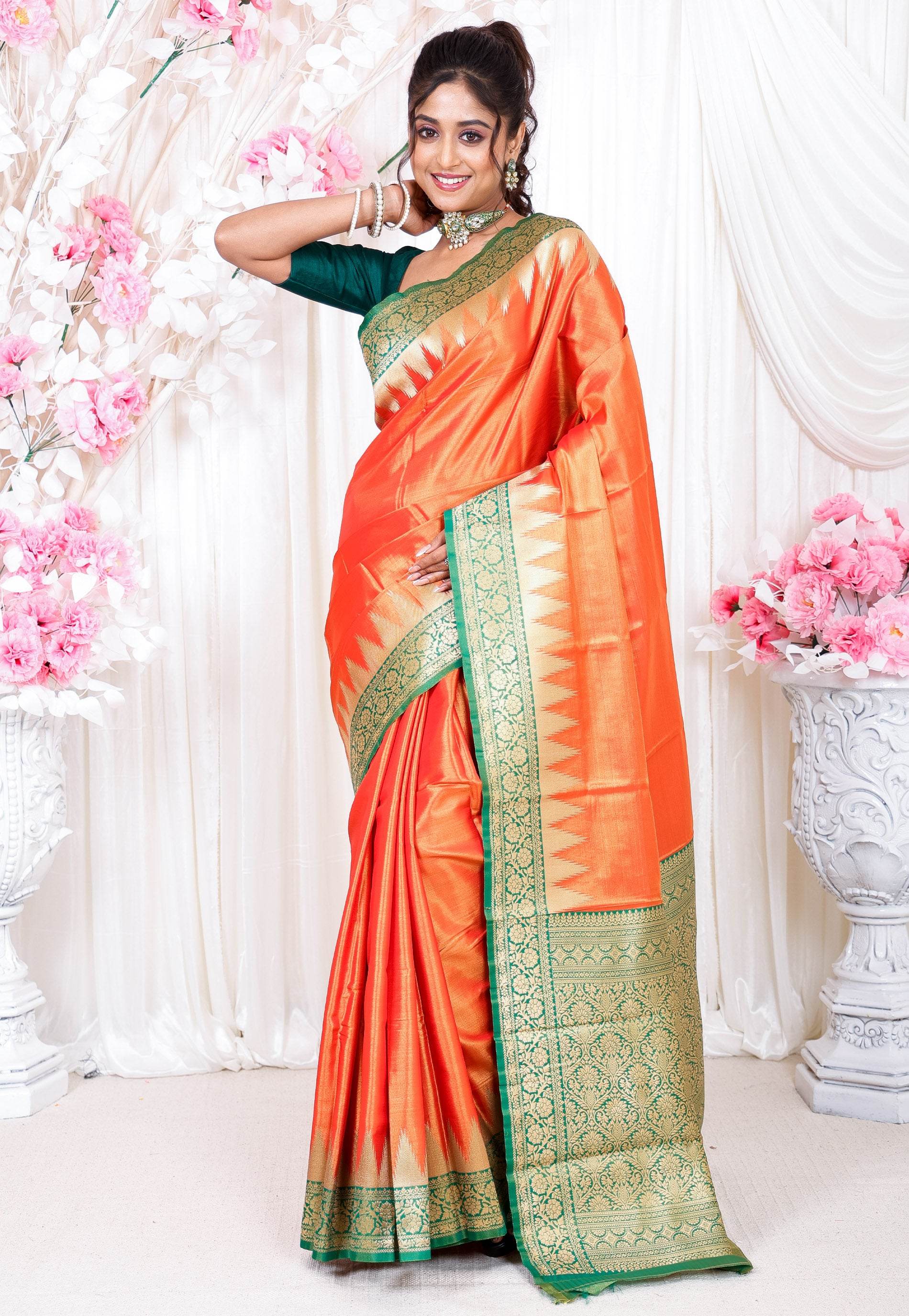 Orange with Green Border Tissue Kanjivaram Silk Saree With Blouse Piece - Adi Akshoy & Co.