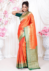 Orange with Green Border Tissue Kanjivaram Silk Saree With Blouse Piece - Adi Akshoy & Co.