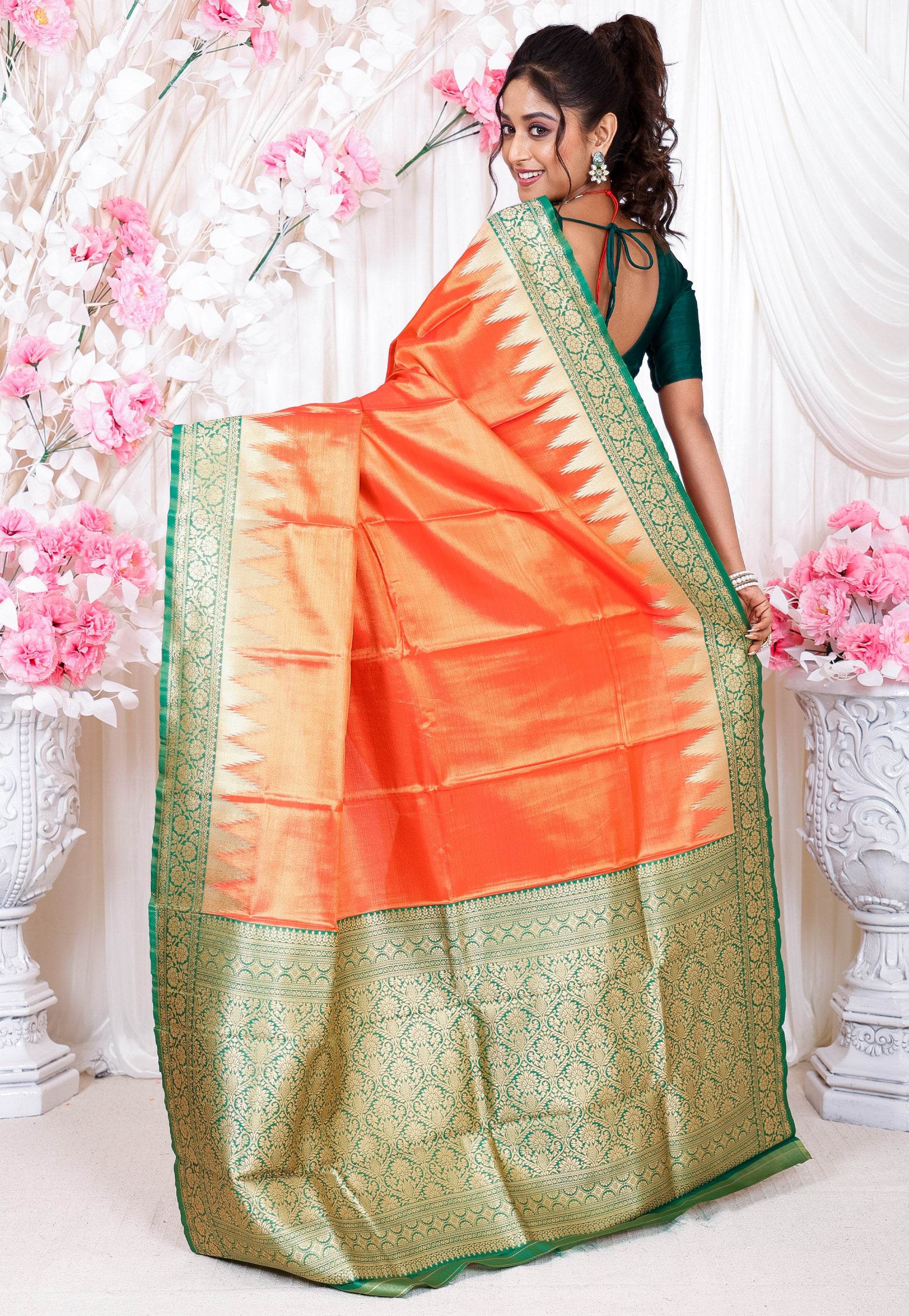 Orange with Green Border Tissue Kanjivaram Silk Saree With Blouse Piece - Adi Akshoy & Co.