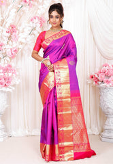 Purple with Rani Pink Border Kanjivaram Silk Saree With Blouse Piece - Adi Akshoy & Co.