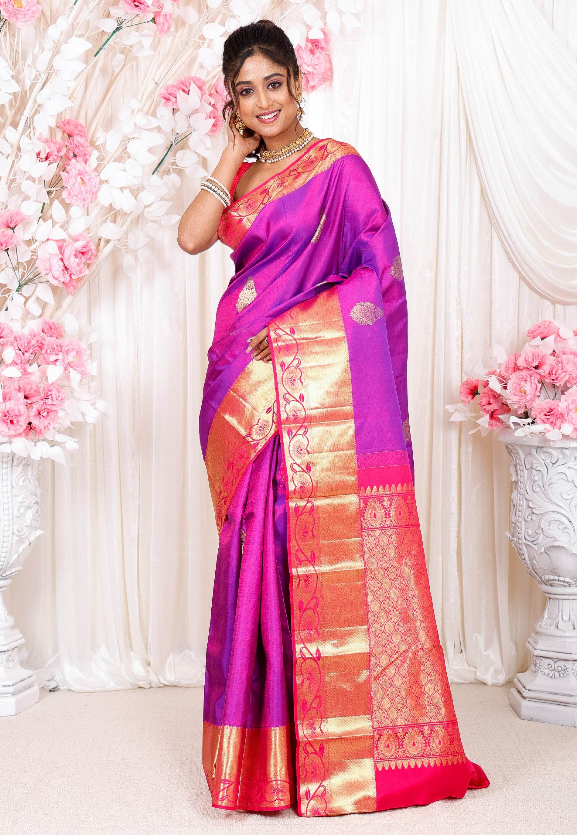 Purple with Rani Pink Border Kanjivaram Silk Saree With Blouse Piece - Adi Akshoy & Co.