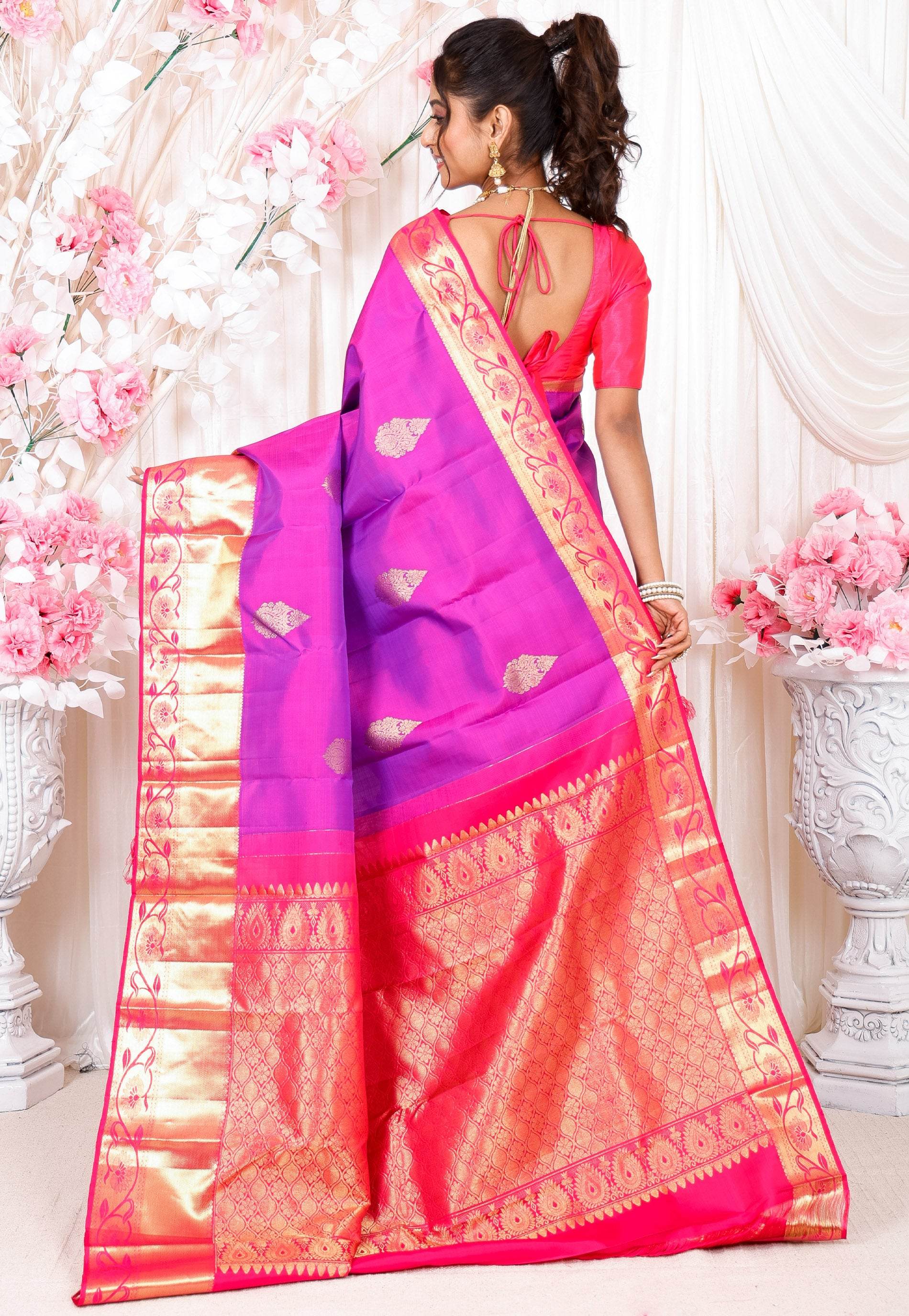 Purple with Rani Pink Border Kanjivaram Silk Saree With Blouse Piece - Adi Akshoy & Co.