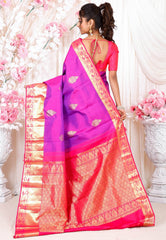 Purple with Rani Pink Border Kanjivaram Silk Saree With Blouse Piece - Adi Akshoy & Co.