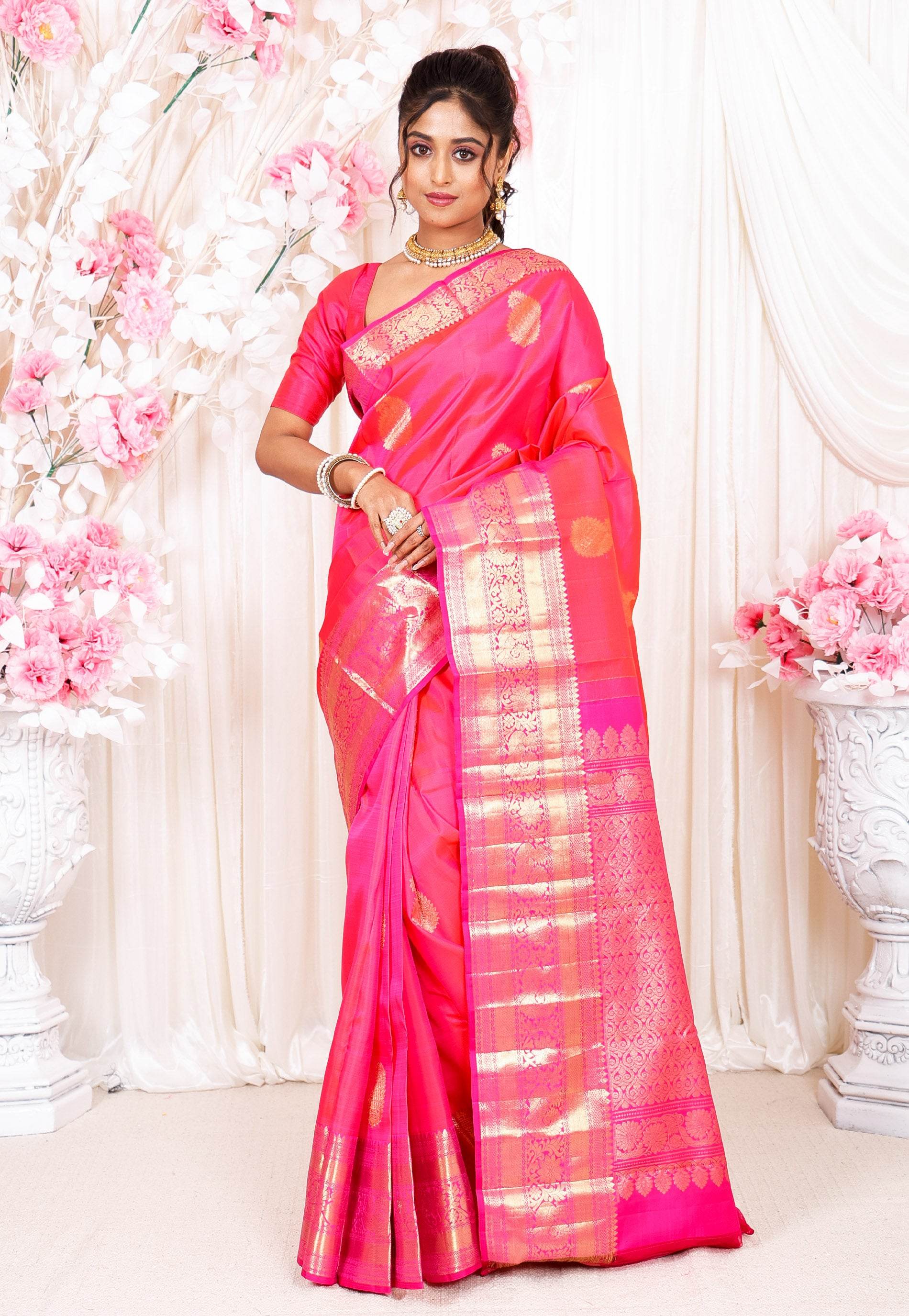 Rani Pink Kanjivaram Silk Saree With Blouse Piece - Adi Akshoy & Co.