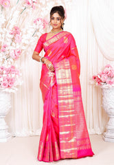 Rani Pink Kanjivaram Silk Saree With Blouse Piece - Adi Akshoy & Co.