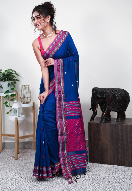 Turquoise Blue Handloom Saree With Blouse Piece - Adi Akshoy & Co.