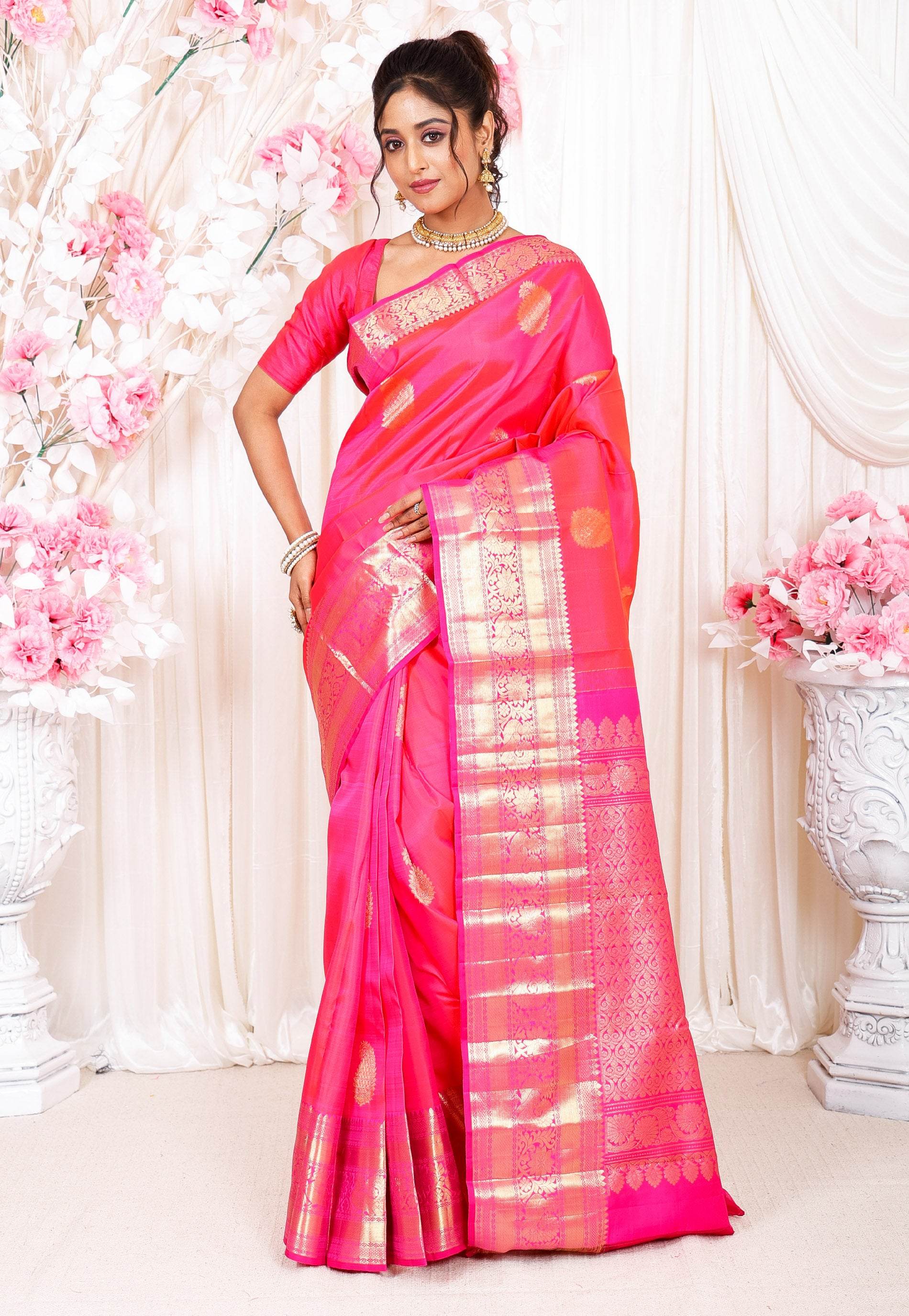 Rani Pink Kanjivaram Silk Saree With Blouse Piece - Adi Akshoy & Co.
