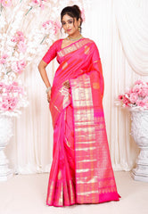Rani Pink Kanjivaram Silk Saree With Blouse Piece - Adi Akshoy & Co.