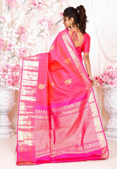 Rani Pink Kanjivaram Silk Saree With Blouse Piece - Adi Akshoy & Co.