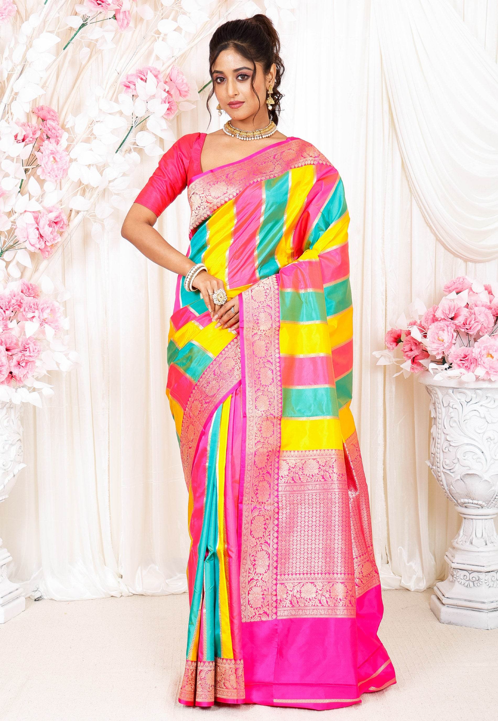 Multicolor Kadwa Katan Pure Silk Saree With Blouse Piece - Adi Akshoy & Co.
