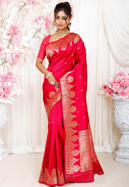 Rani Pink Tussar Pure Silk Saree with Blouse Piece - Adi Akshoy & Co.