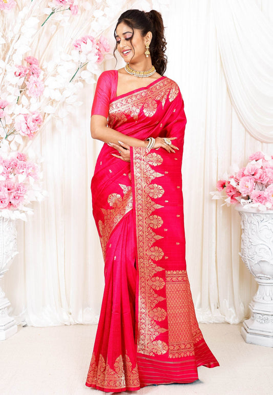 Rani Pink Tussar Pure Silk Saree with Blouse Piece - Adi Akshoy & Co.