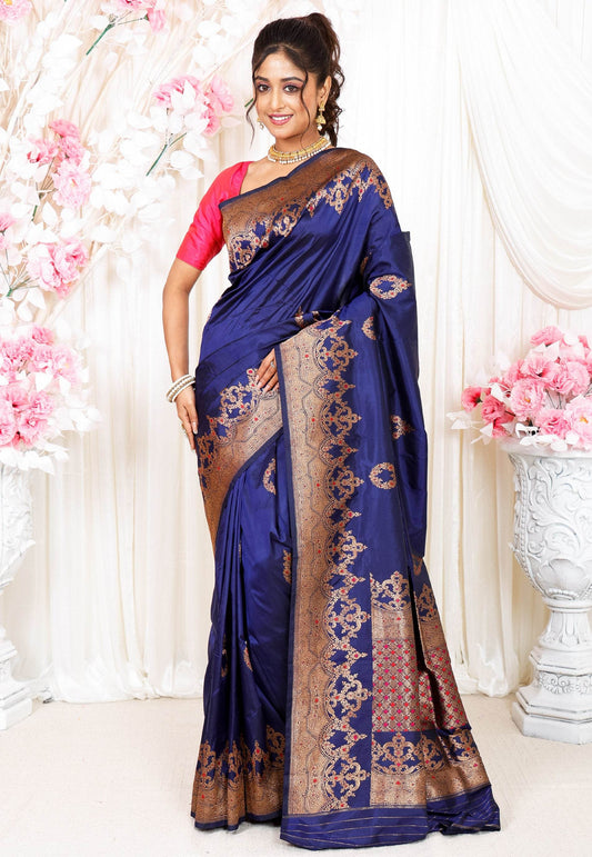 Navy Blue with Minakari Border Kadwa Katan Pure Silk Saree With Blouse Piece - Adi Akshoy & Co.