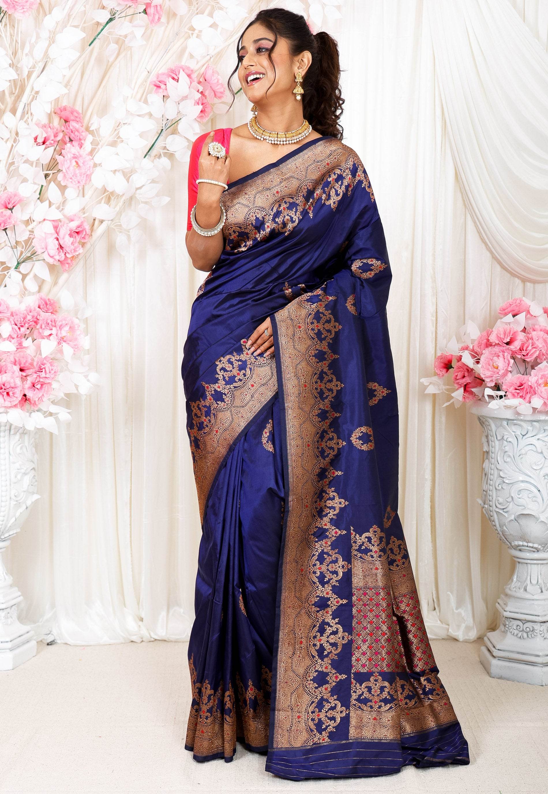 Navy Blue with Minakari Border Kadwa Katan Pure Silk Saree With Blouse Piece - Adi Akshoy & Co.