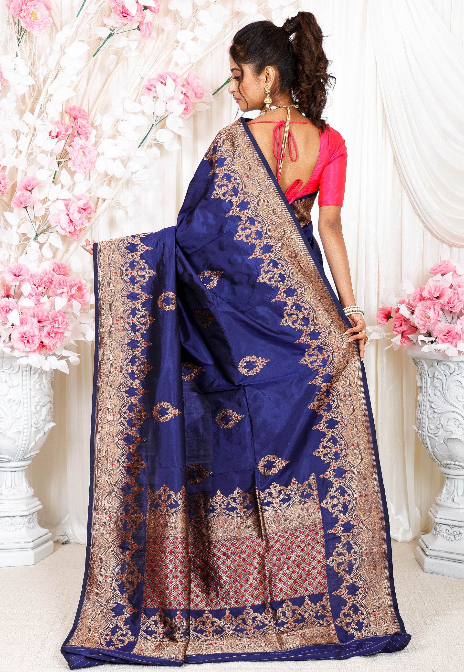 Navy Blue with Minakari Border Kadwa Katan Pure Silk Saree With Blouse Piece - Adi Akshoy & Co.