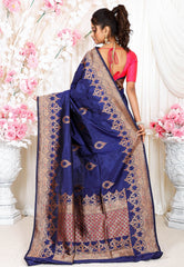 Navy Blue with Minakari Border Kadwa Katan Pure Silk Saree With Blouse Piece - Adi Akshoy & Co.